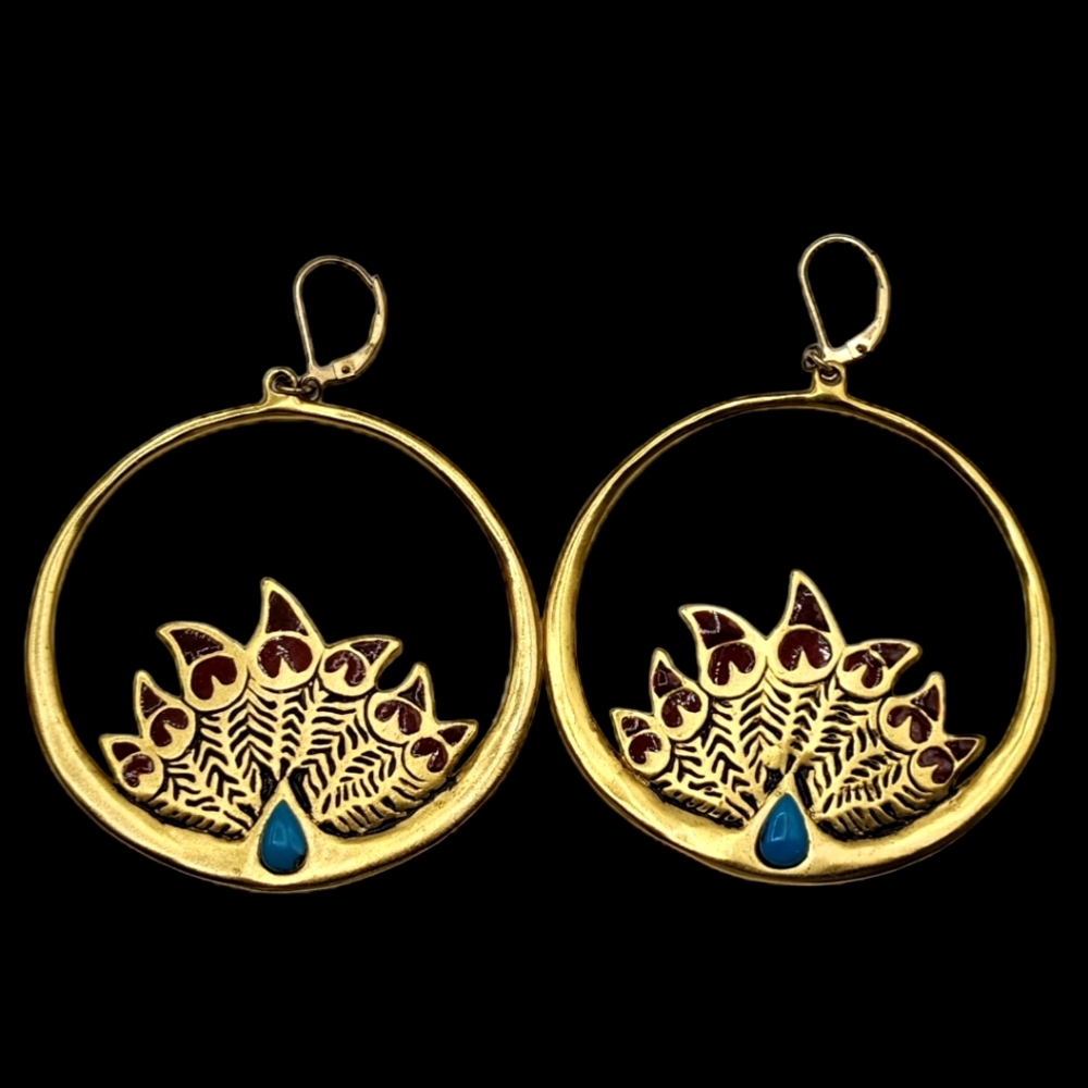 Peacock Statement Earrings Enamel Dangle Pierced … - image 1